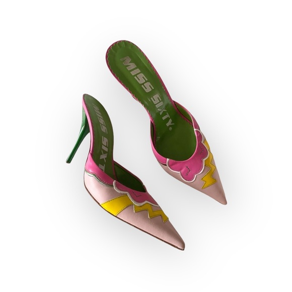 Miss Sixty Shoes - Vintage: Miss Sixty ↯ Lightning Pointy Toe Stiletto Heels Mules ↯ Pink Appliqué